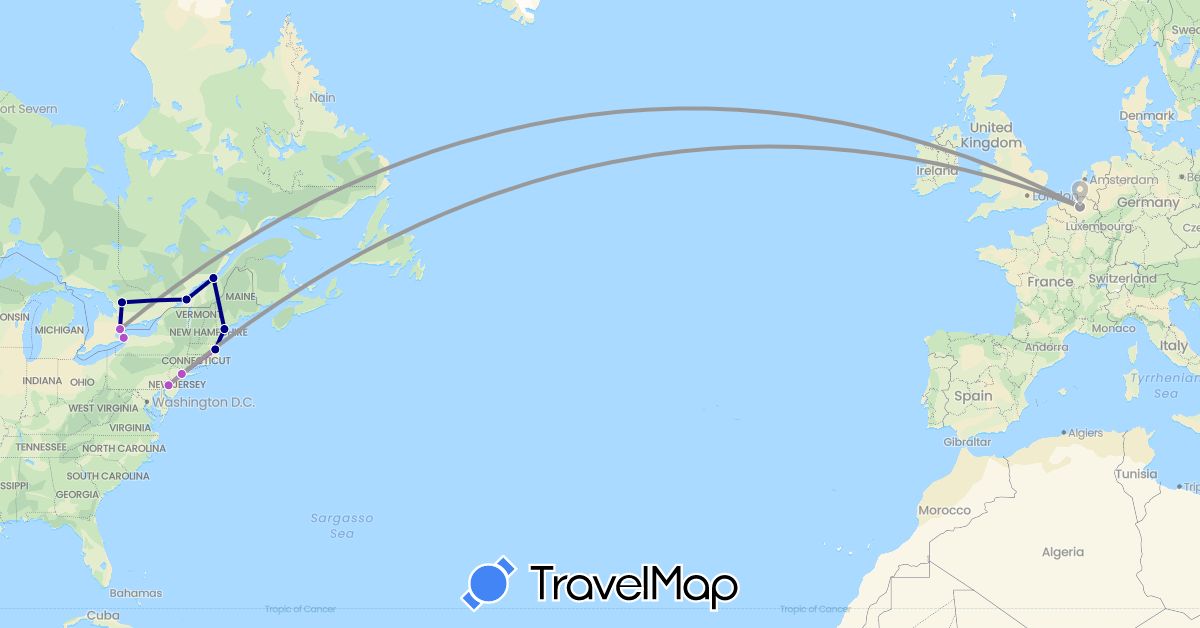 TravelMap itinerary: driving, plane, train in Belgium, Canada, United States (Europe, North America)